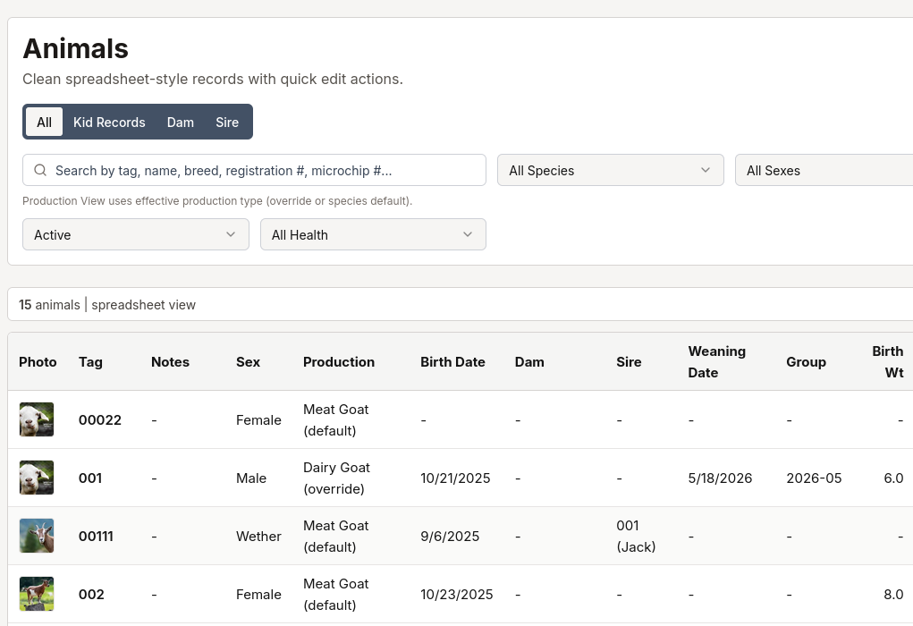 PeakHerds herd table view for scanning records and making management decisions